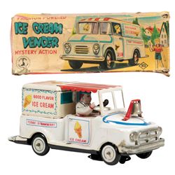 Toy Ice Cream Vendor Truck w/orig box, litho on tin friction Bump 'N Go, mfgd by Yoshiya-Japan, Exc/