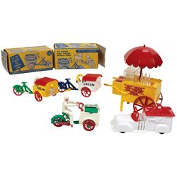 Toy ice cream vendors (5), (2) Wyandotte ice cream bicycles, both w/orig boxes missing a tab, one an