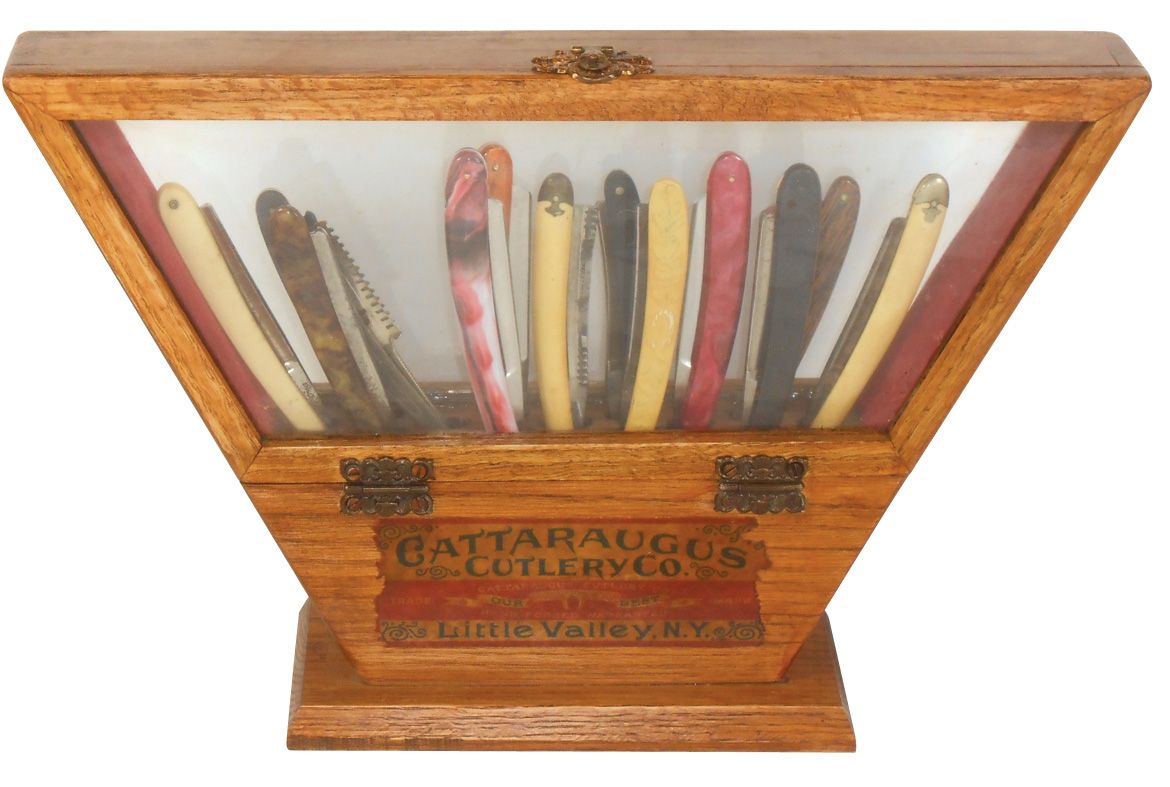Barber shop Cattaraugus Cutlery Co. straight razor display, unusual oak ...