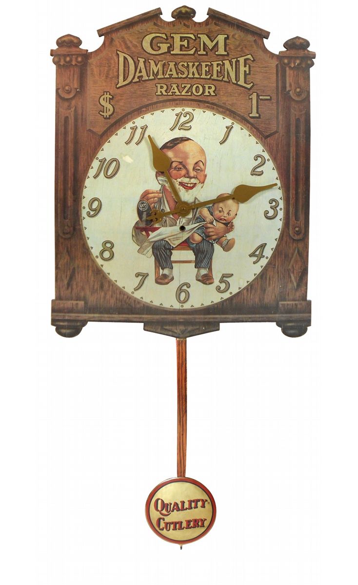 Barber shop clock, Gem Damaskeene Razor, c.1980's, wood w/paper face ...