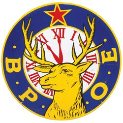 Fraternal sign, B.P.O.E., porcelain, Elk in center w/clock striking 11 o'clock, VG cond w/minor loss