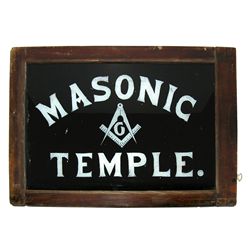 Fraternal glass sign, Masonic Temple, paint on glass, c.1910-1930, VG cond w/minor paint loss, 25.5"