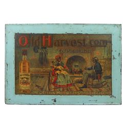Black Americana sign, Old Harvest Whiskey litho on self-framed tin, wonderful graphics of Black fami