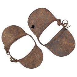 Slave shackles (2), wrought iron ankle shackles w/rattles, Good cond w/wear & small hole at left on 