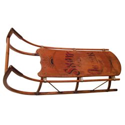 Child's "Snow Queen" sled, wood w/orig paint & lettering, wood runners w/steel cap, Exc cond, 7"H x 