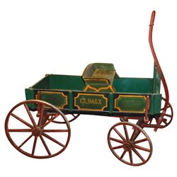 Child's "Climax" Farm Wagon, all wood w/wood spoke wheels, orig green paint w/yellow "Climax" stenci