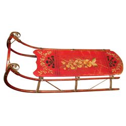 Child's sled w/hand-painted flowers, orig red paint, ornate curved runners in front, Exc cond, 7.5"H