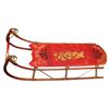 Image 1 : Child's sled w/hand-painted flowers, orig red paint, ornate curved runners in front, Exc cond, 7.5"H