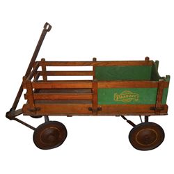 Child's "Pioneer" Wagon, wood slats w/green "Pioneer" on sides, steel wheels w/rubber rims, removabl