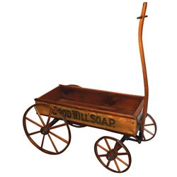 Child's coaster wagon w/"Goodwill Soap" adv on sides, wood spoke wheels, removable tailgate & front,