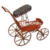 Image 1 : Child's doll carriage, wood w/red paint & stenciling on front & back of seat, wood spoke wheels, clo