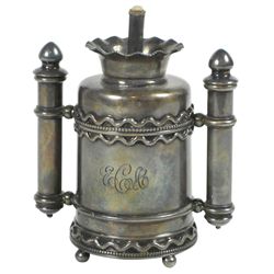 Cigar lighter, miniature, Wilcox Silver Plate Co. quadruple-plated holder w/EAC monogram, very fancy
