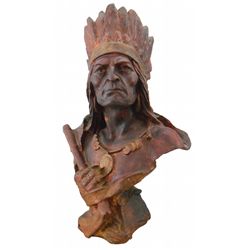 Cigar Store Indian bust w/hatchet, painted chalkware, c.1900, Exc cond, 21.5"H.
