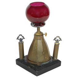 Cigar lighter, Bradley & Hubbard, cast metal base w/brass font, double wick holders & ruby glass sha
