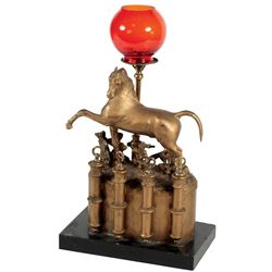 Cigar lighter, figural horse, metal w/gold paint, 4 wick holders w/wicks, red glass globe, threaded 