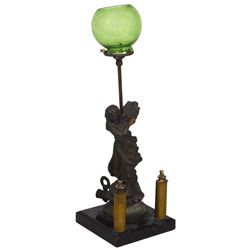 Cigar lighter, figural lady w/tambourine, cast metal on marble base w/green glass shade, VG cond, 15
