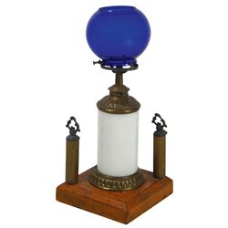Cigar lighter, painted metal base w/milk glass font, cobalt blue glass shade, c.1900, VG/Exc cond, 1
