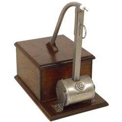 Cigar lighter, wood box w/cast metal lighter, tag reads "Use Only Naphtha Lighter Fluid", Exc cond, 