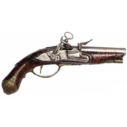 Firearm, miquelet flintlock pistol, heavily engraved c.1820, VG cond w/split in handle, total 8"L.