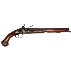 Firearm, miquelet flintlock pistol, engraved throughout, Good+ cond w/split in handle 20.5"L.