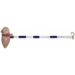 Native American stone head war club, ram's head w/red beads on rawhide, sinew-sewn beaded handle w/c