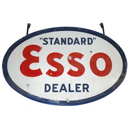 Petroliana, Standard Esso Dealer porcelain sign, 2-sided oval in red, white & blue, VG cond on both 