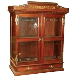 Tobacco display case w/advertising, P. Lorillard & Co., cherry w/fancy brass hdwr, stenciled glass a