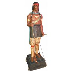 Cigar Store Indian, carved Indian Brave w/cape, bow in one hand & arrow in other, complete w/additio