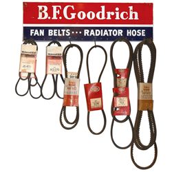 Petroliana, B.F. Goodrich Fan Belts & Radiator Hose metal display rack, comes with new old stock fan
