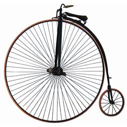 High-wheel bicycle w/big wheel in front, cast metal w/new rubber & replaced seat, c.1880's, Exc cond