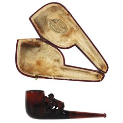 Meerschaum pipe, carved scene of two dogs, amber stem & fitted case, rich patina, Exc used cond w/so
