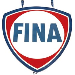 Petroliana, Fina 2-sided porcelain sign in orig hanger, red, white & blue, touch-up paint on bolt ho