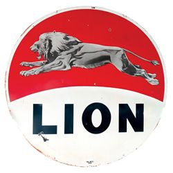 Petroliana, Lion Gasoline porcelain sign, c.1960, great graphics, VG to Exc cond w/minor chips, 72"D