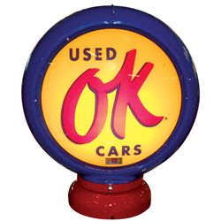 Petroliana, OK Used Cars replica light-up gasoline globe & clock (2), globe has curved glass lenses 