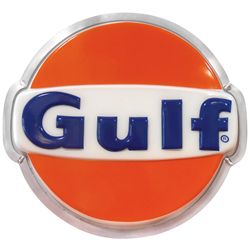 Petroliana, Gulf light-up sign, formed aluminum body w/molded plastic face, Exc working cond, 20"H x