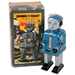 Toy, Zoomer The Robot w/orig box, battery-operated litho on metal, mfgd by T-N Japan, walks & eyes l