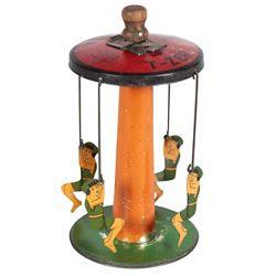 Toy, Buffalo Toys T-Zer tin whirl-around w/4 orig figures, wood spinner knob at top, Exc cond 6.75"H