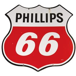 Petroliana, Phillips 66 porcelain sign, 2-sided shield shape, Exc cond w/minor chips, 47"H x 47"W.