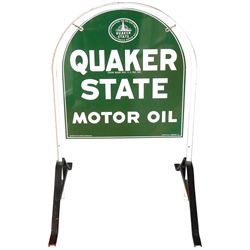 Petroliana, Quaker State Motor Oil hanging sidewalk sign in frame, 2-sided metal marked Made in USA,