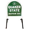 Image 1 : Petroliana, Quaker State Motor Oil hanging sidewalk sign in frame, 2-sided metal marked Made in USA,