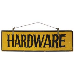 Hardware store sign, heavy fiberboard 2-sided hanging sign from old Iowa hardware store, orig metal 