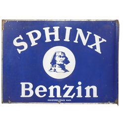 Advertising sign, Sphinx Benzin, 2-sided porcelain flange in VG cond w/edge wear, 19"H x 26"W.