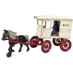 Toy, Kenton horse-drawn milk wagon w/driver, cast iron, missing reins, o/wise Exc cond w/orig paint,