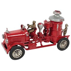 Toy, Hubley fire engine pumper/steamer truck, cast iron w/2 firemen, spoke wheels & rubber tires, go