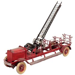 Toy aerial ladder truck, Kingsbury #259, pressed steel, c.1926, missing side ladders, o/wise Good/VG