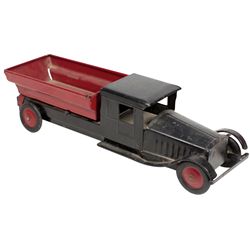 Toy dump truck, Cor-Cor, pressed steel, loose fender, o/wise VG cond w/orig paint, 23.5"L.