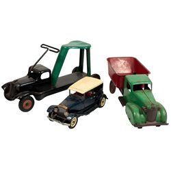 Toy trucks & car (3), All-Metal Product Co. dump truck, VG cond w/orig paint, Wyandotte Ride-On, VG 