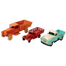 Toy trucks (3), Wyandotte w/balloon tires, 15"L, Girard w/old orange re-paint, 10"L & Tonka Internat