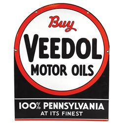 Petroliana, Veedol Motor Oils porcelain sign, 2-sided tombstone shape in orange, black & white, a gr