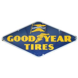 Petroliana, Goodyear Tires porcelain sign, diamond shape, dated 1939, VG cond w/some loss on 2 corne